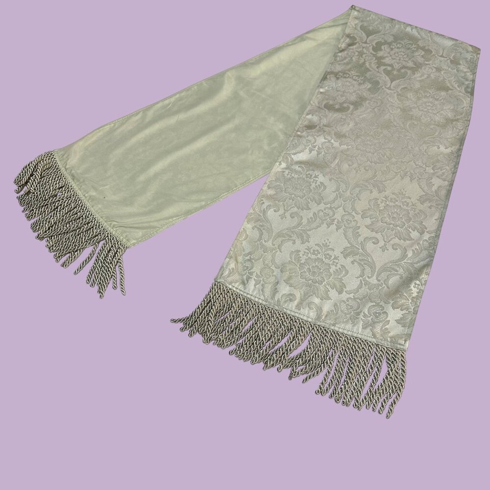 Elegant Soft Sage Green Damask Table Runner w/ Elephants Fringe 13" x 80" NWOT